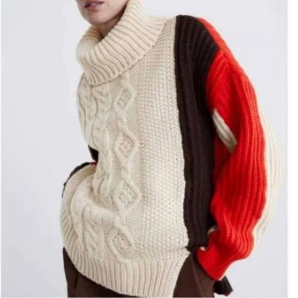 Zara Colorblock Cable Knit Turtleneck Sweater - Picture 3 of 13